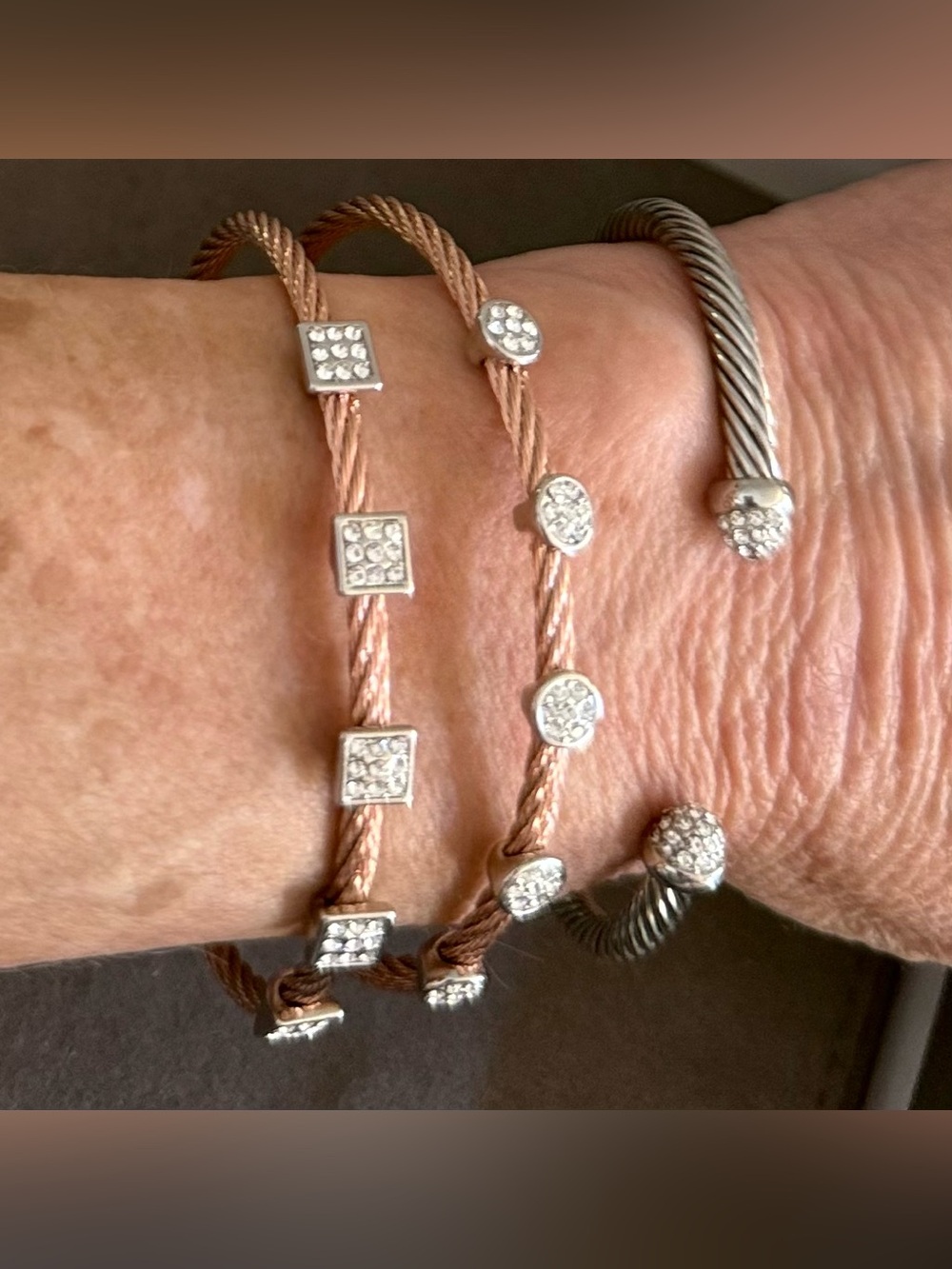 Meshmerise- 2 rose gold cable with pave accents- one sterling cuff w/pave accent